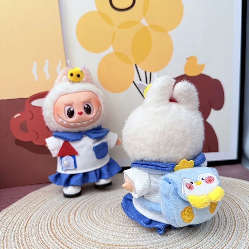 

17cm Labubu Outfits Student Style Skirt Suit Female Penguin Pink Pig Brown Bear Backpack 1-3 Gen Colorful Plush Doll Outfit