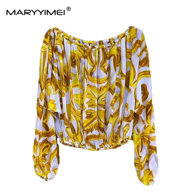 MARYYIMEI Spring Summer Fashion Women\'s Silk top Elegant Slash Neck Short Sleeved+ Cotton Baroque Style Half skirt