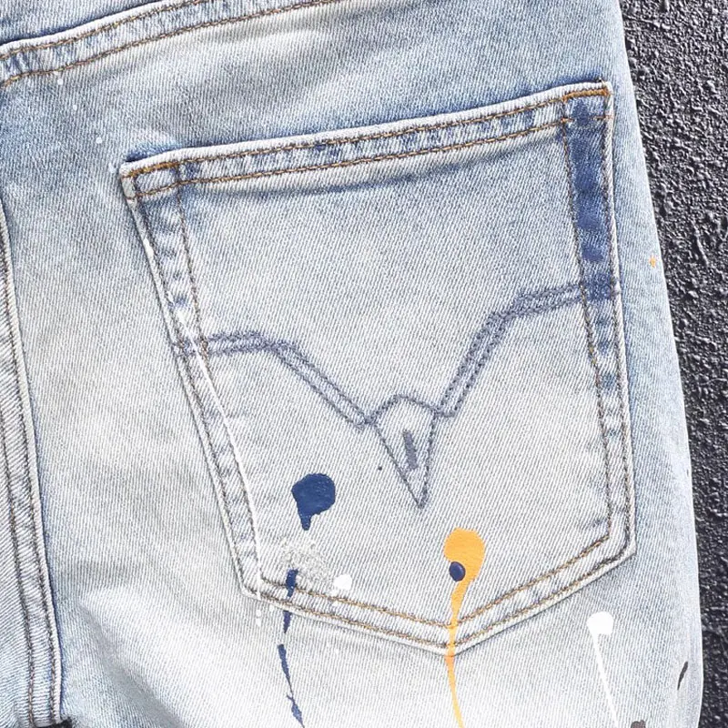 

Y2Kfashion new jeans scratch washed nostalgic stretch slim fit pleated painted blue jeans high street embroidered pants ho