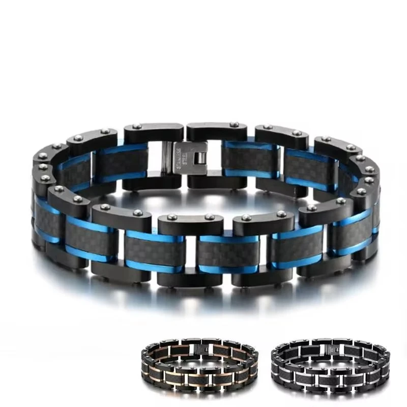 

olid carbon fiber Bracelet Stainless Steel Biker Bicycle Motorcycle Bracelets High Quality Punk Men's Jewelry