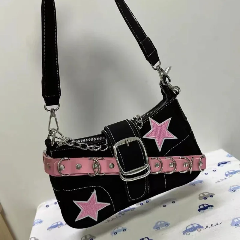 

Y2k Fashion Women's Handbags Stars Pattern Cool Girls Underarm Bag Fashion Canvas Female Small Shoulder Bags Chain Tote Purses