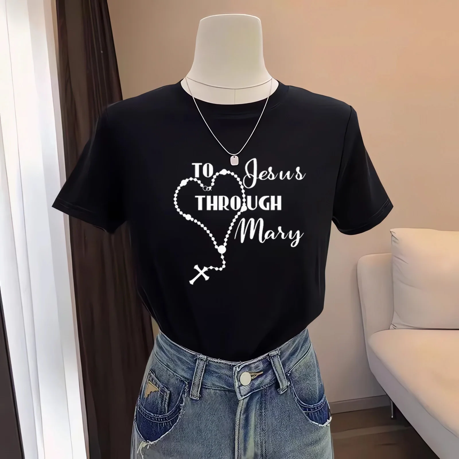 Marian Devotion Shirt To Jesus Through Mary T-Shirt Memory of Jesus Christ Religion Kawaii Clothes Graphic Camisetas