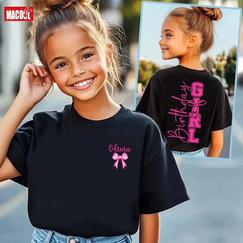 Personalized Birthday Girl Shirt Custom Name Preppy Coquette Bow Cartoon Tshirt Kids Birthday Party Photography Outfit Girls Top