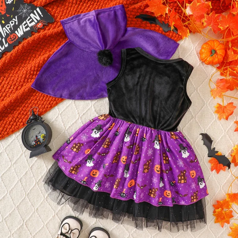 Witch Cape Purple Black Tulle Baby Romper Dress Halloween Newborn Infant Toddler Costume Outfit Clothes
