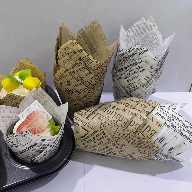 50Pcs/100Pcs Newspaper-Style Tulip Cake Cups, White/Natural Color, Heat-Resistant, Oil-Proof Baking Cups, Suitable for New Year, Valentine's Day, Weddings, Birthday Parties, Home Baking Supplies