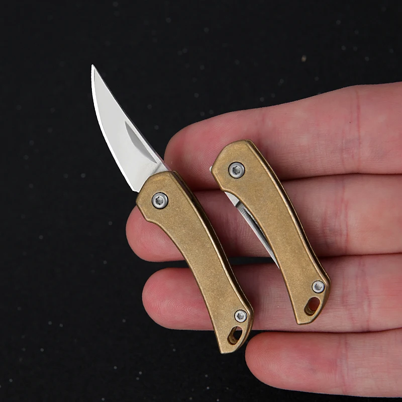 Retro brass pointed small folding knife, portable outdoor camping tool, keychain, unboxing quick knife