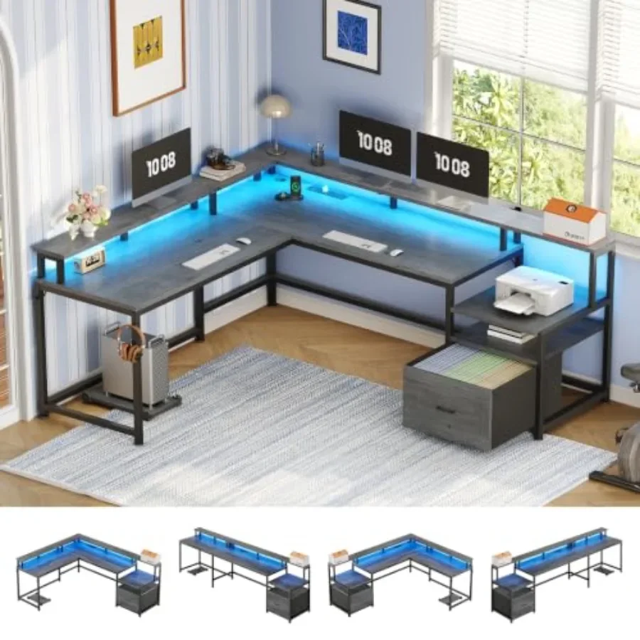 66 Reversible L Shaped Computer Desk with Power Outlet, File Drawer for Home Office Engineered Wood, White Scratch-Resistant Su