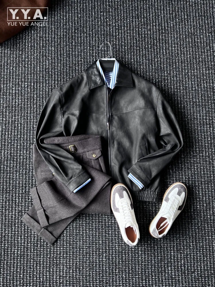 Vintage Fashion Male Autumn Winter American Style Zipper Business Casual Work Jacket Outwear Turn Down Collar Coat Streetwear