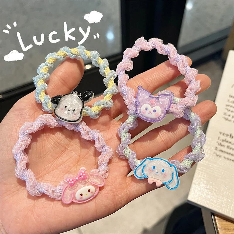 Kawaii Sanrio anello elastico per capelli Hello Kitty corda per capelli in pizzo dolce Kuromi Melody Cinnamoroll Scrunchies viso lavaggio cerchio per capelli