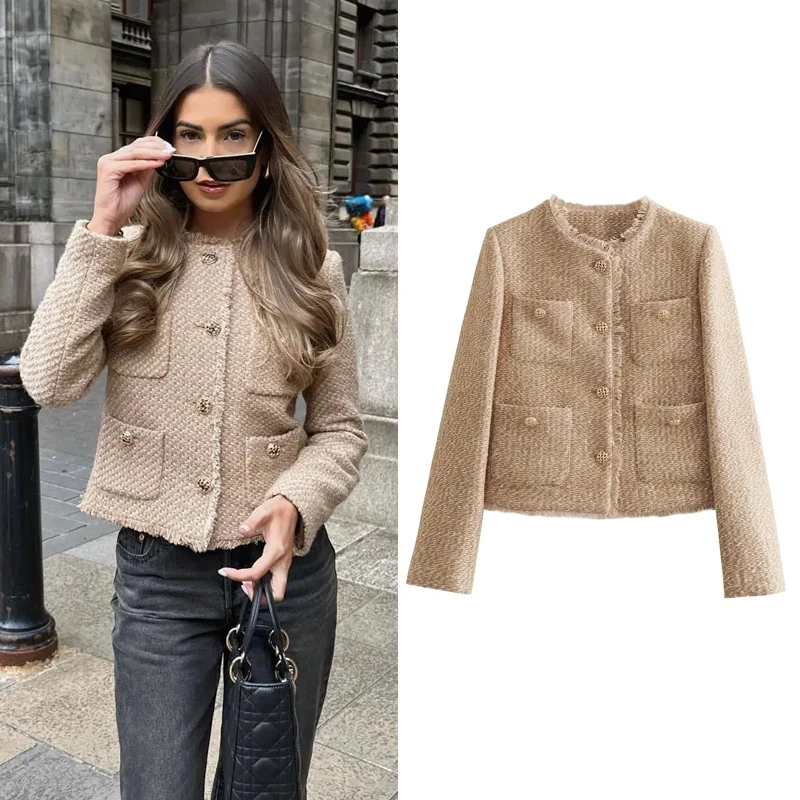 TRAF Women's Jacket Coat Tweed Cropped Jacket New in Outerwears Autumn Winter Crop jacket Woman Long Sleeve Elegant Short Coats