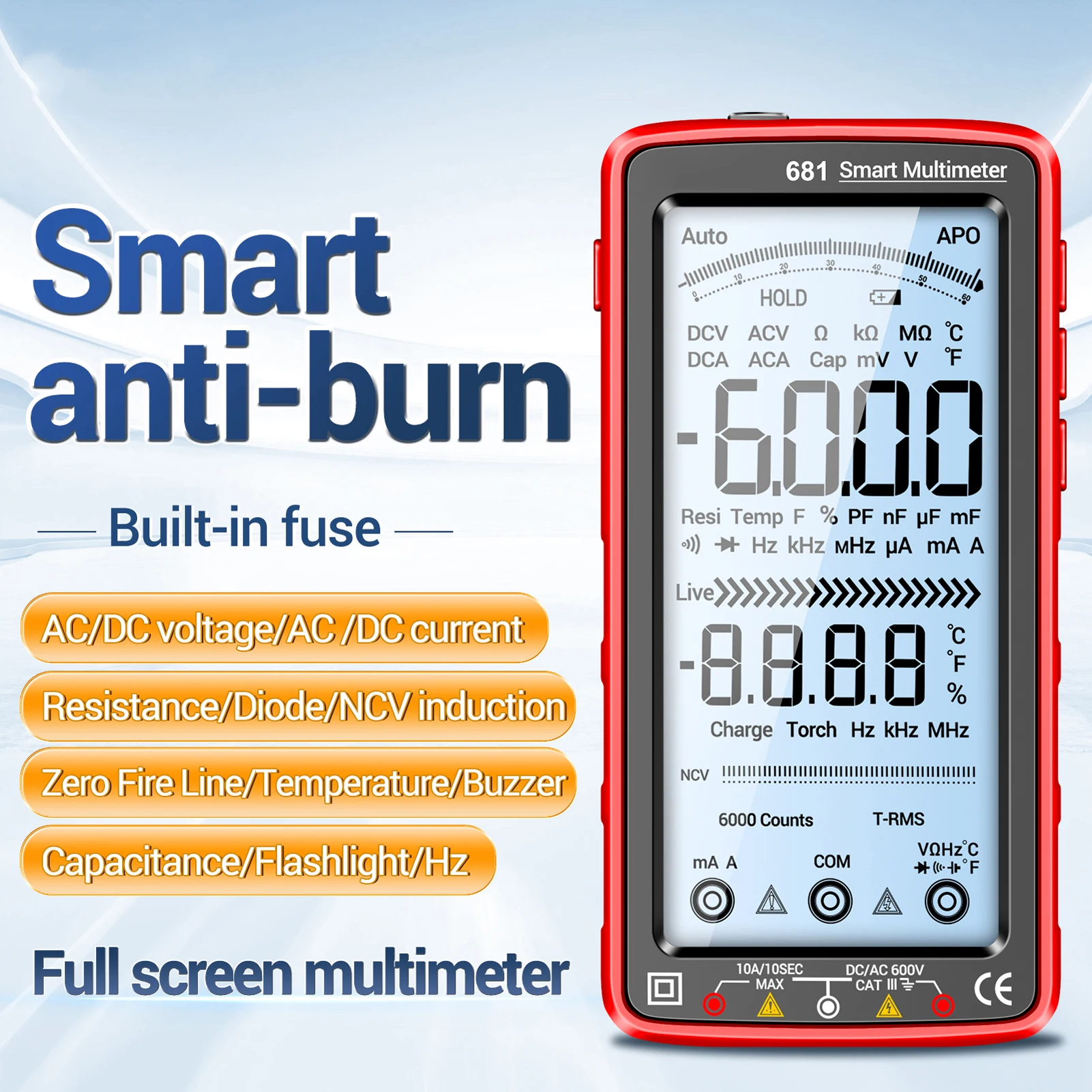 ANENG 681 6000 Counts Digital Multimeter Smart Anti-burn Rechargeable Universal Meter NCV Tester 5-inch Large LCD with Backlit