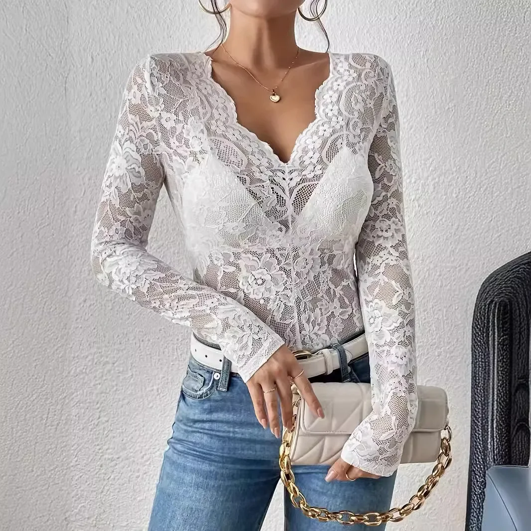

Spring sexy single-layer floral lace base top V-neck long slit sleeves lace T-shirt transparent exposed navel party women's top