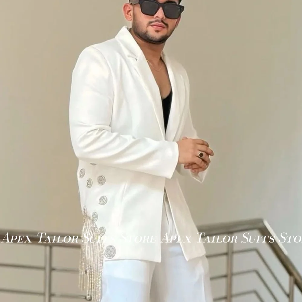 Men White Satin Blazer Jacket Rhinestone Tassel Fringe Decor Notch Lapel Formal Party Wedding Groom Single Suit Coat