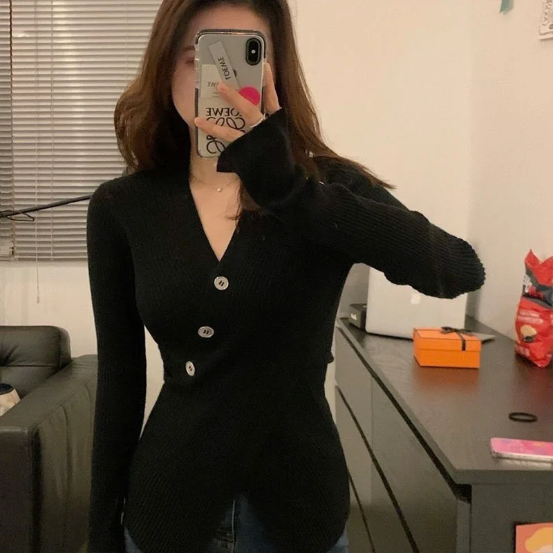 Women Clothing Fashion Chic V-Neck Knitted Top Spring Autumn Exquisite Long Sleeve Knitwear Office Lady Comfortable Pullover