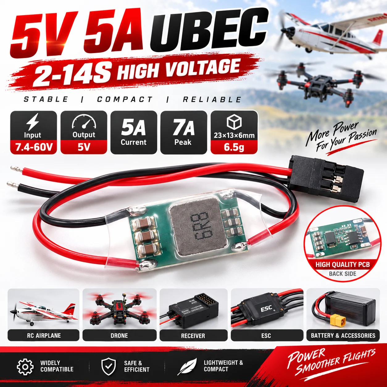 YSIDO 5V 5A External UBEC Voltage Regulator Anti-interference Support 2-14S Receiver Power Supply for RC Model Airplane Aircraft