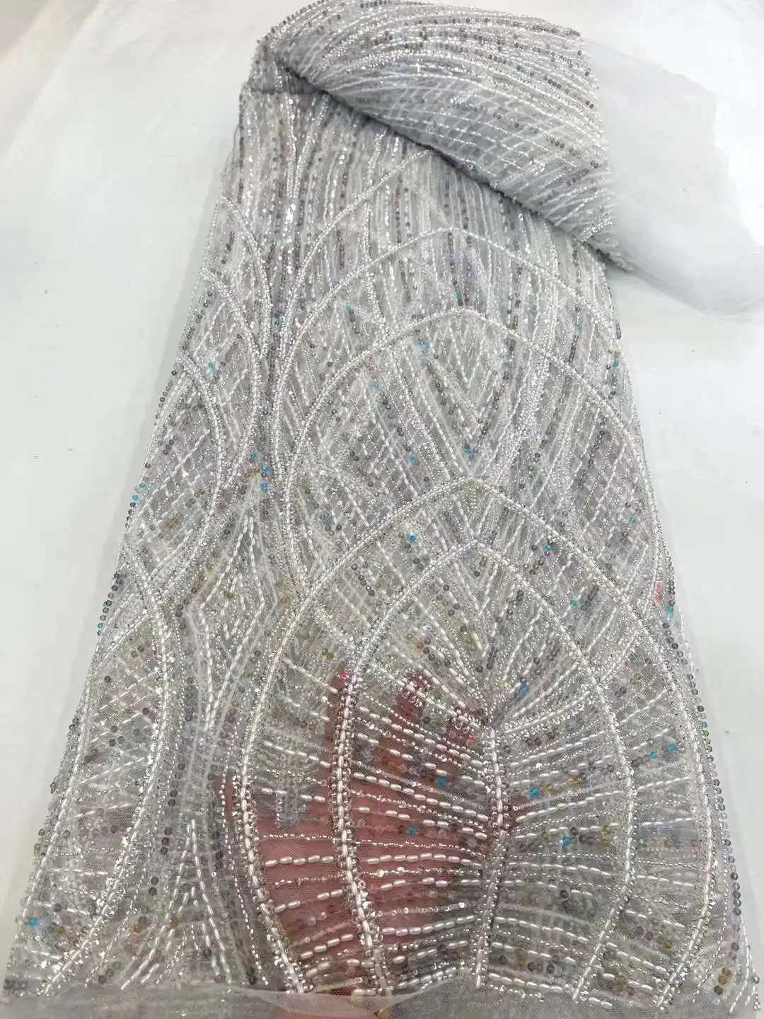 Hot Sale French Mesh Lace Fabric Beads Tube Sequins Craft Tulle Embroidery Nigerian Sewing Party Bridal Wedding Dress 5 Yards