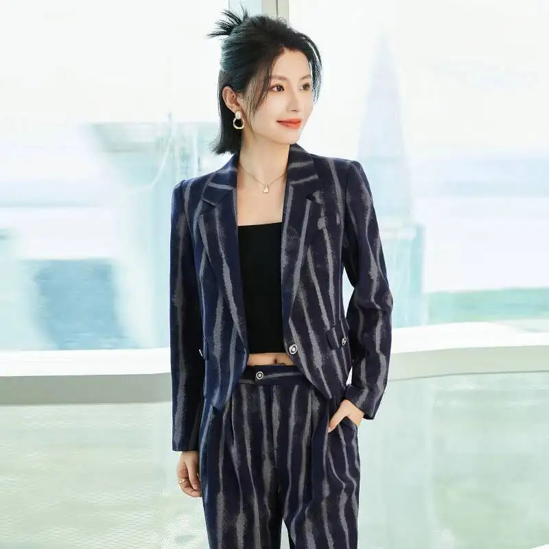 

Элегантный полосатый женский офисный костюм из ткани высокого качества, деловые пиджаки, брючные костюмы, профессиональный комплект брюк для карьеры