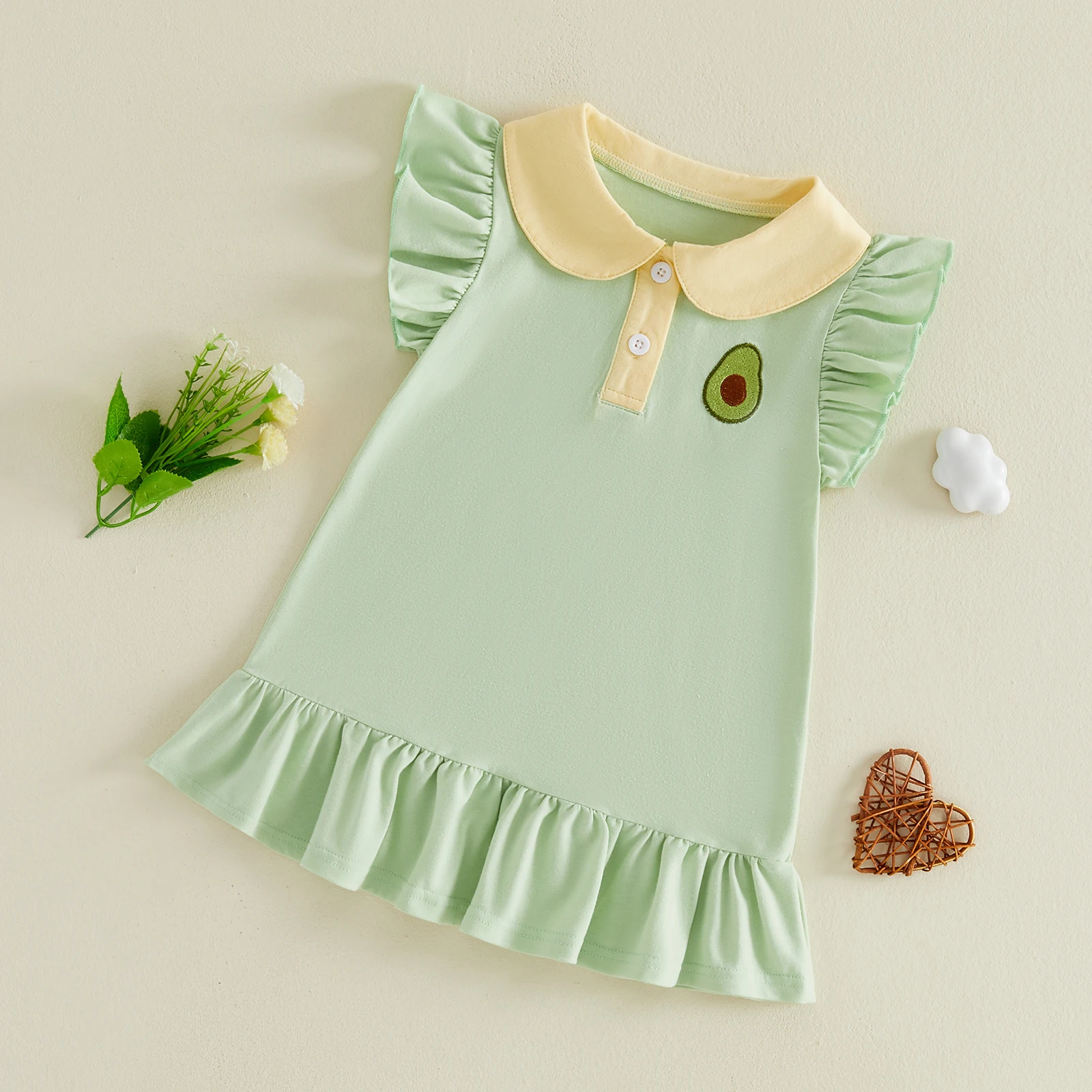 Toddler Girls Casual Dress Avocado/Sunflower/Tulip/Strawberry Embroidered Buttons Fly Sleeve Casual Dress Kids Summer Dress