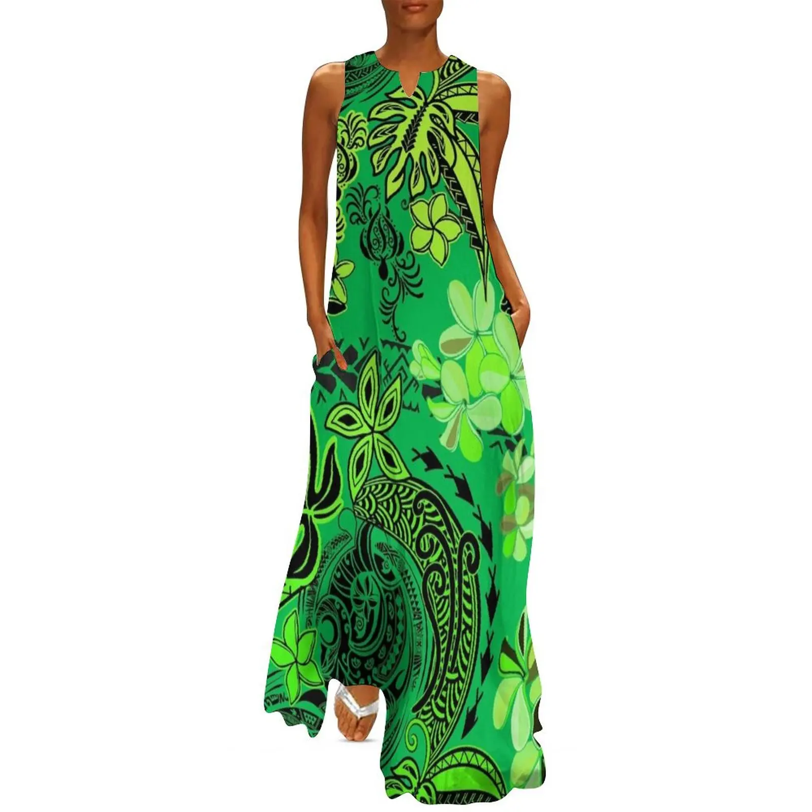 

Kiwi Green Lanai Hawaiian - Samoan Tribal Jungle Design Long Dress womans clothing Woman dresses dresses for official occasions