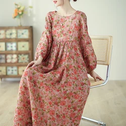 2024 Spring Summer Lantern Sleeve Printed Vintage Flower Dress Women Oversize Casual Seaside Vacation Long Dress X967