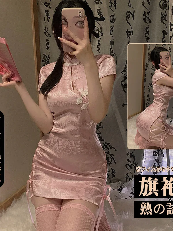 Jacquard Sexy Classical Retro Style Uniform Temptation Cheongsam Passionate Charm Sheer Dress Side Bandage Erotic Mature PRNI