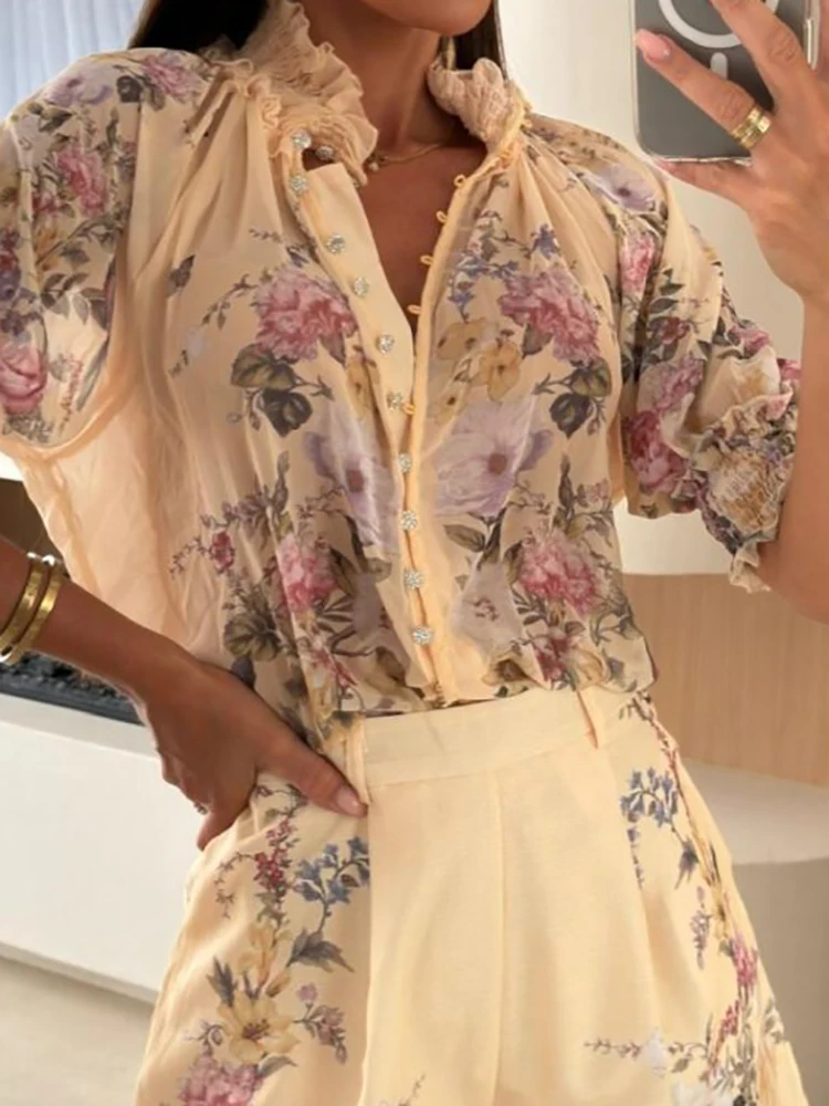 

Nice Print Women's Two Piece Suit Stand Short Sleeve Transparent Top Belt Loose Short Pants 2025 Summer Female Daily Causal Outf