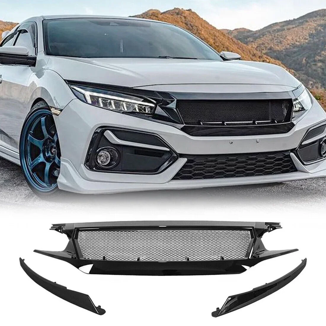 

Car Grills Front Upper Grill Bumper Grille with Mesh For 2016-2018 Honda Civic 10TH Glossy Black