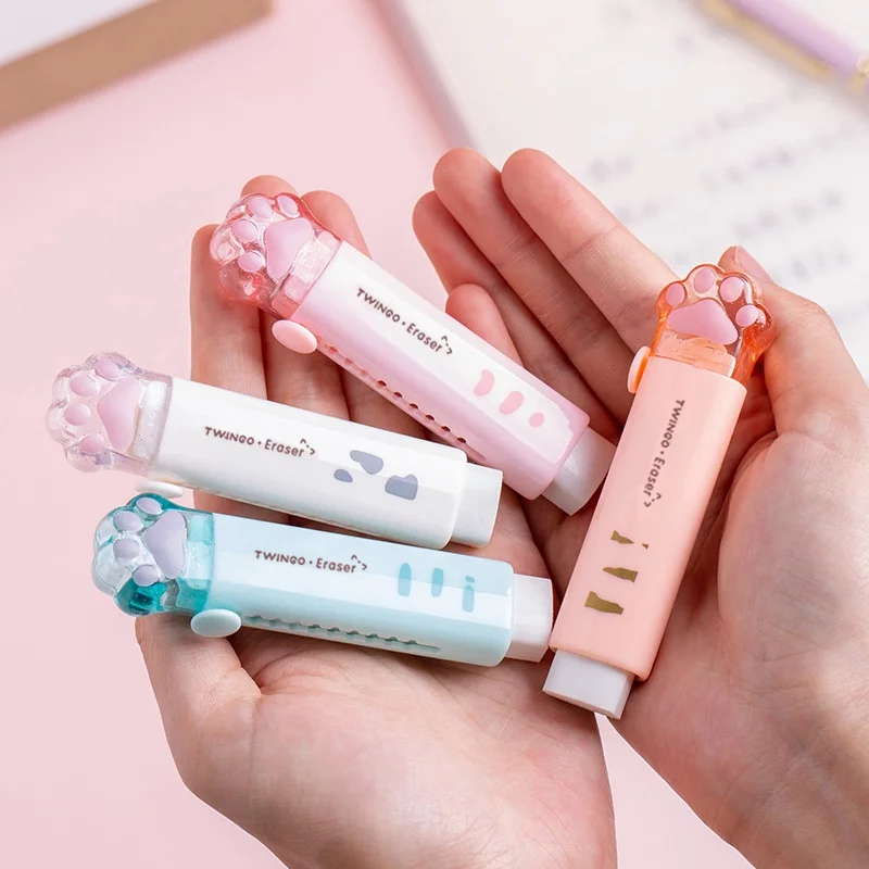 1Pcs Cartoon Cat Paw Retractable Eraser Portable Pen Shape Eraser Clean No Residue Correction Eraser Stationery for Students