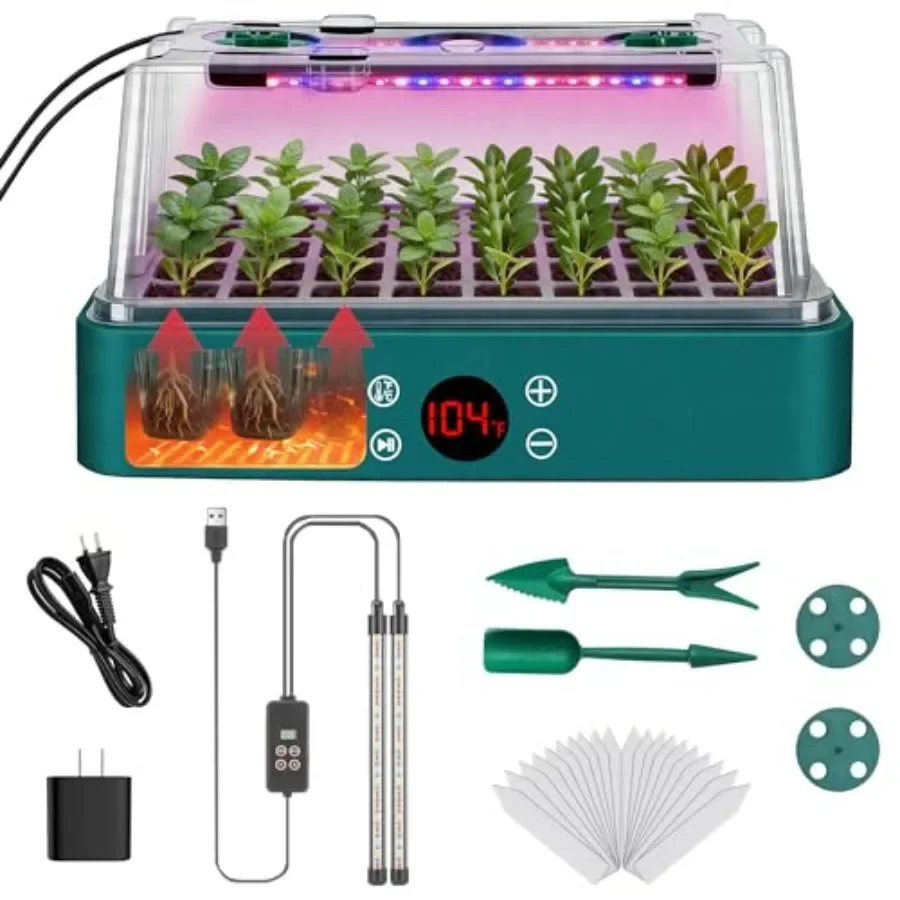 Indoor germination system for herbs and vegetables: 40-cell heated seed starter kit with grow light, black plastic tray, integr