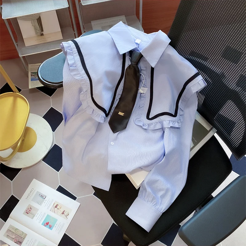 

Синяя модная рубашка свободного кроя с воротником-стойкой для женщин, осенний сезон, в гонконгском стиле, омолаживающая, шикарная, стройнящая, с длинным рукавом