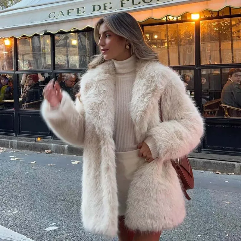 

YENKYE 2025 женское пальто из искусственного меха, винтажное пальто с воротником с лацканами и длинными рукавами, теплая осенне-зимняя верхняя одежда, модная элегантная одежда