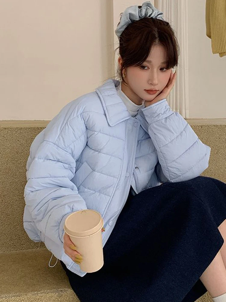 Preppy Style Vintage Warm Parkas Women Loose Pockets Long Sleeve Cotton Baseball Jacket American Casual Retro Solid Sweet Coat