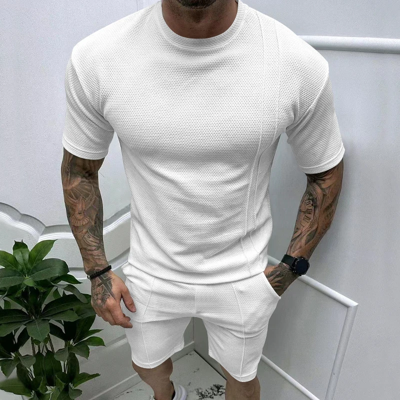 Summer New Men\'s Pullover Round Neck T-shirt Sports Casual Top Men\'s Short sleeved Shorts Set