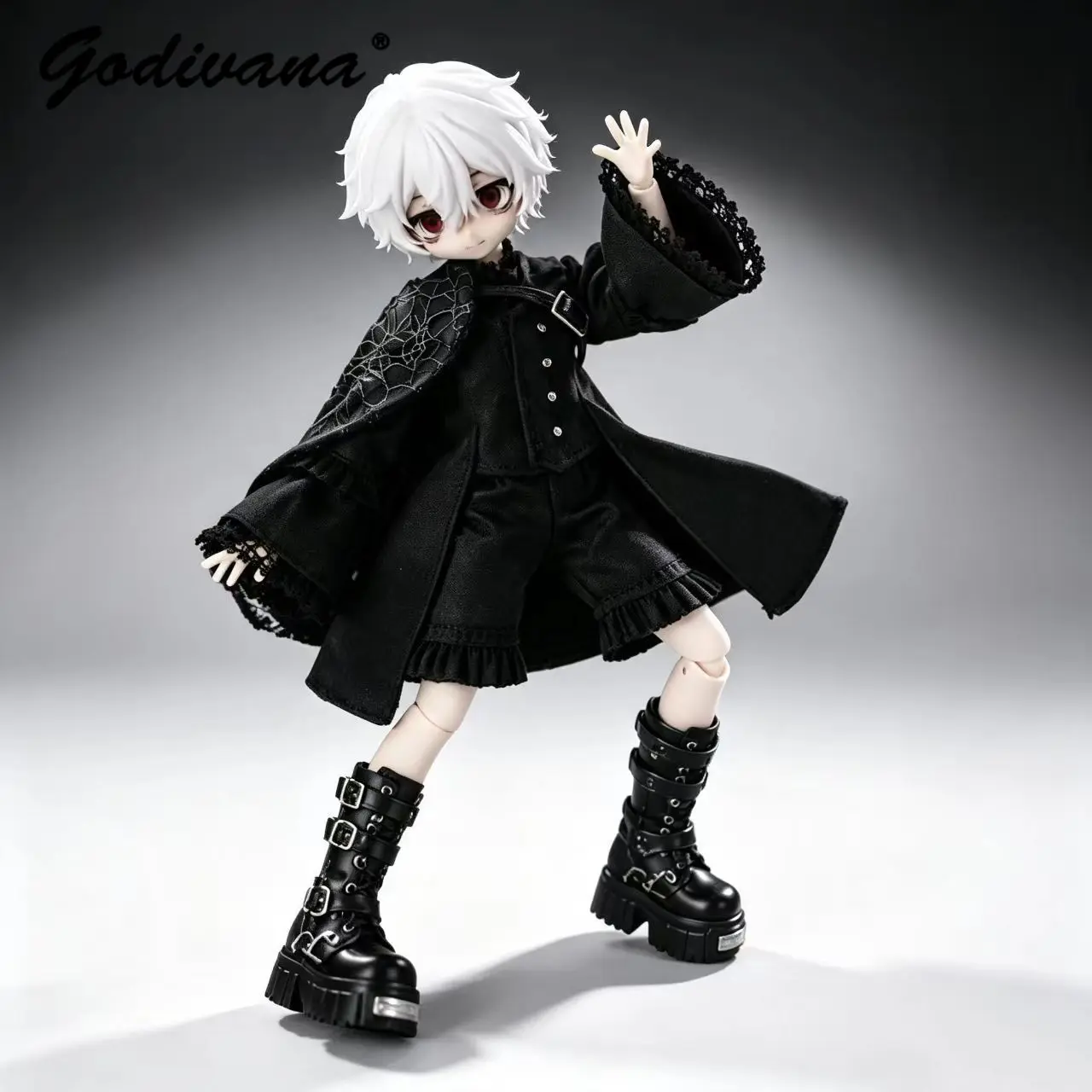 Ob11 1/12 BJD Doll Clothes Gothic Dark Flare Sleeve Lace Trim Top with Sundress Embroidery Cape and Pants Four Pieces Set