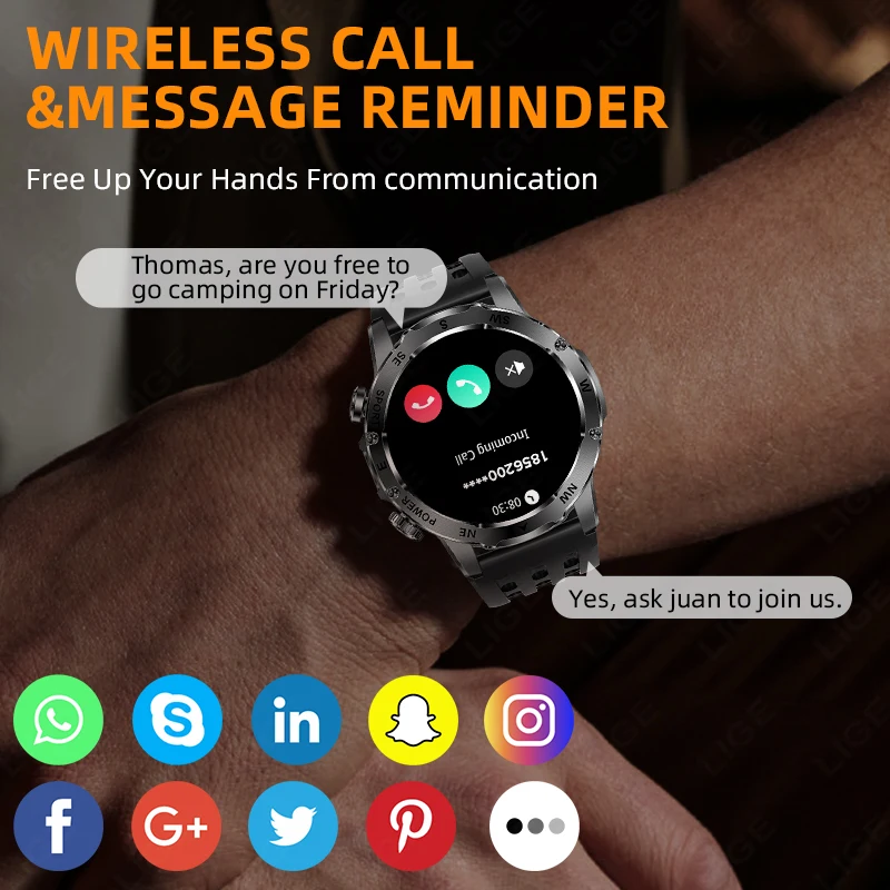 LIGE Новые мужские умные часы с супер емкостью 800 мАч, 1,53 дюйма, HD, Bluetooth, компас, светодиодный фонарик, IP68, спортивные умные часы для мужчин