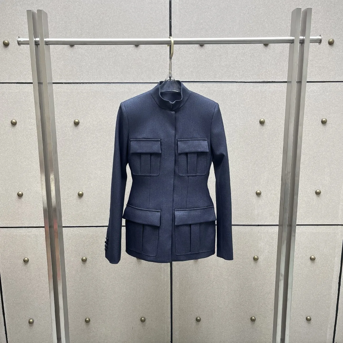 2026 Women's Military Style Jacket Navy Blue Stand Collar 4-Pocket Blazer Structured Suit Coat Vintage Workwear Outerwear