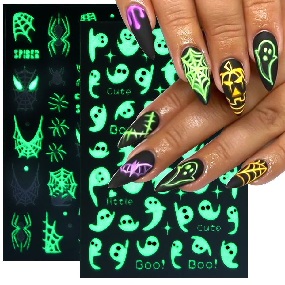 3D Luminous Nail Stickers Decals Ghost Spider Web Halloween Self-adhesive Sliders Glowing in the Dark Glitter Nail Tips Decor