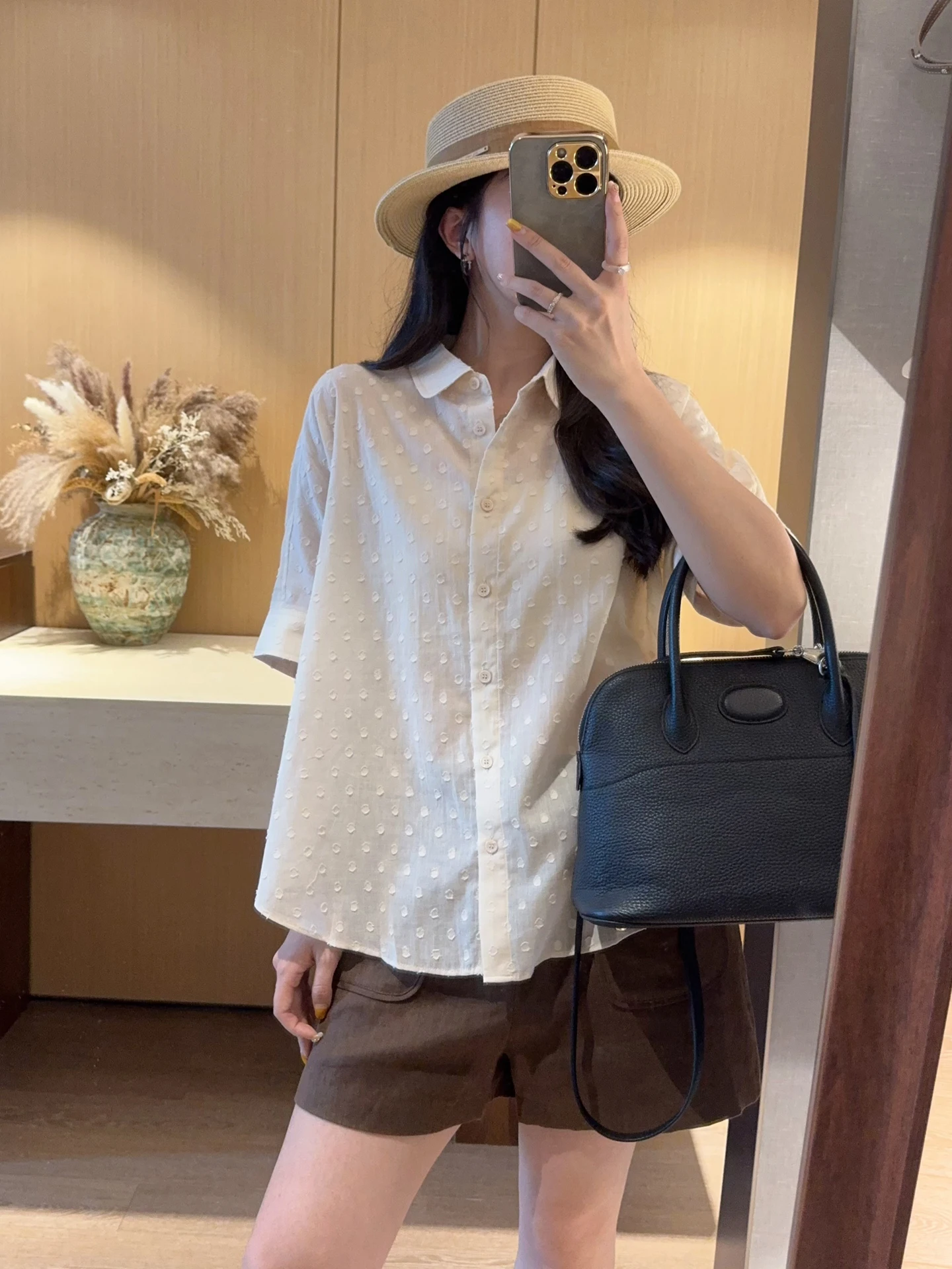 

Elegant Floral Cutout Polka Dot Cotton Shirt Loose Fit Short Sleeve Women's Summer Fashion Breathable Casual Top