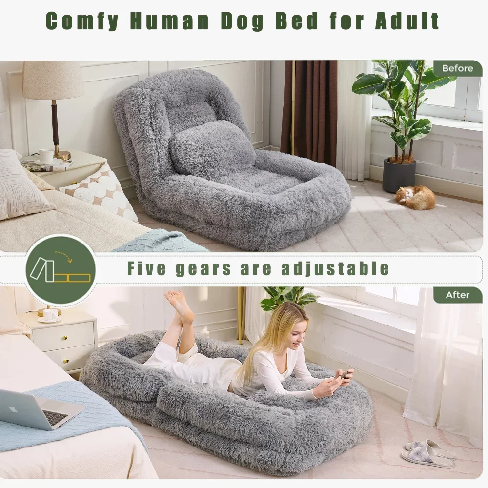 Human Dog Bed,Lazy Sofa,5-Position Adjustable Convertible,Floor Gaming Chair,bedroom, living room,Suitable for gaming, meditation,relaxation,Plush Fabric,Light Gray