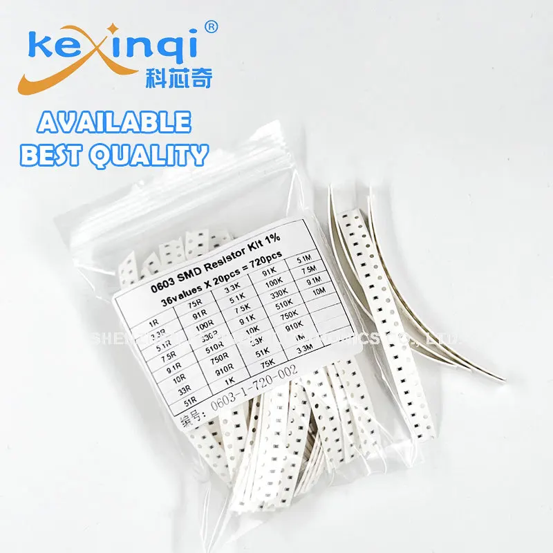 720PCS Set of Resistors 0603 SMD Assorted Kit 1R-10M Ohm 1% 1608 Resistance Sample Resistor 36values X 20pcs 1K 3.3M 9.1 10 330