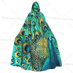 Peacock Feathers Long Hooded Cloak Witch Medieval Costume Cosplay Cape Halloween Coat Adult Unisex