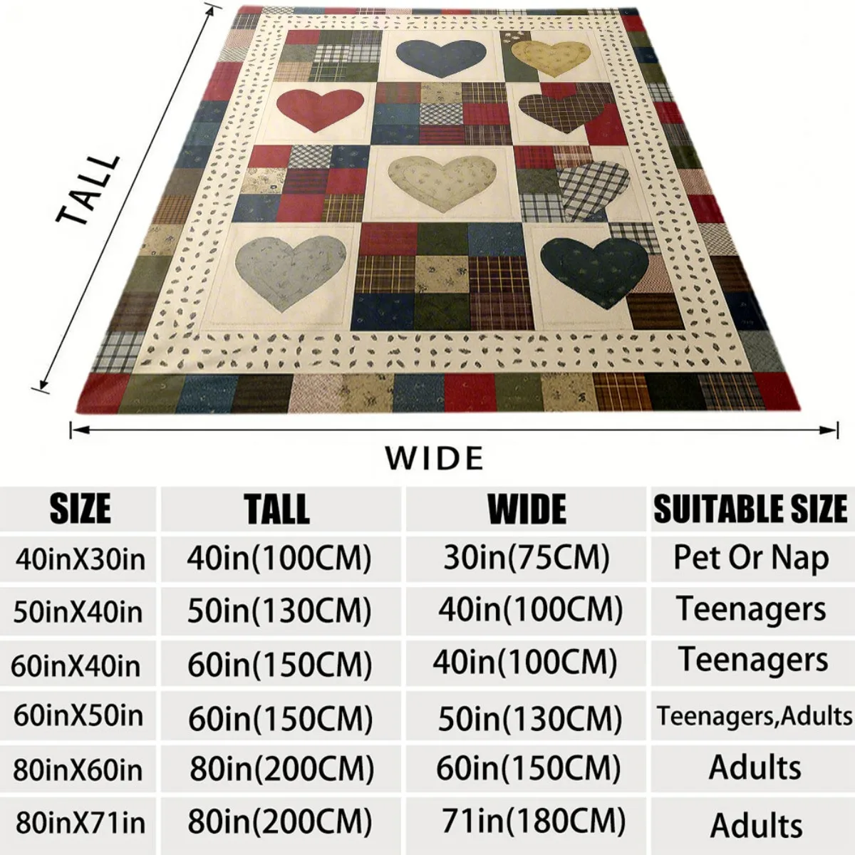 Chunky Patchwork Heart Flannel Throw Blanket Quilt Cozy Polyester Material Decor for Couch Sofa Bed Room Home Gift