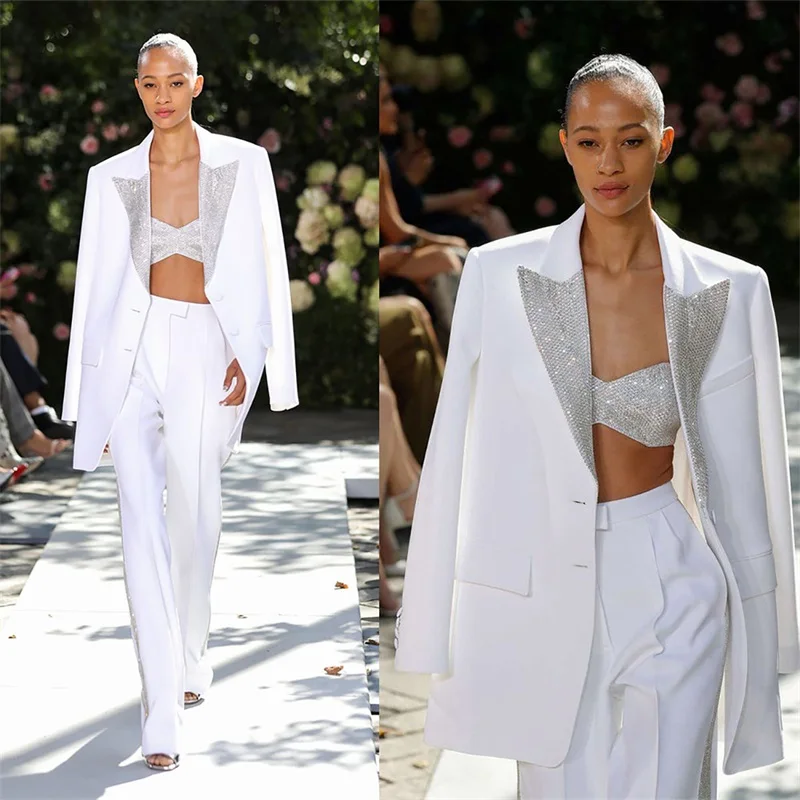 

3 Pcs Women Suits Set Peaked Lapel White Sequins Single Breasted Jacket Blazer+Top Bra+Wide Legs Pants Special Occasions Dress