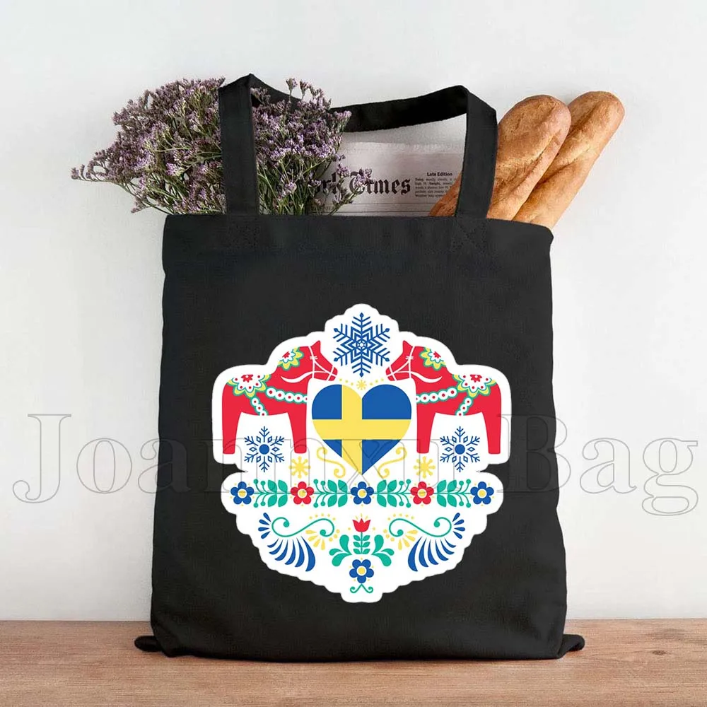 

Сумка-тоут из прочной ткани с цветочным узором и изображением шведских лошадей Дала, Стокгольм, Швеция, большая вместимость, для вечеринок, путешествий, шопинга