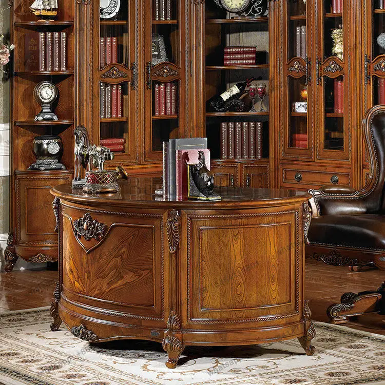 American rural solid wood desk, large class desk, study room, European semi-circular curved desk