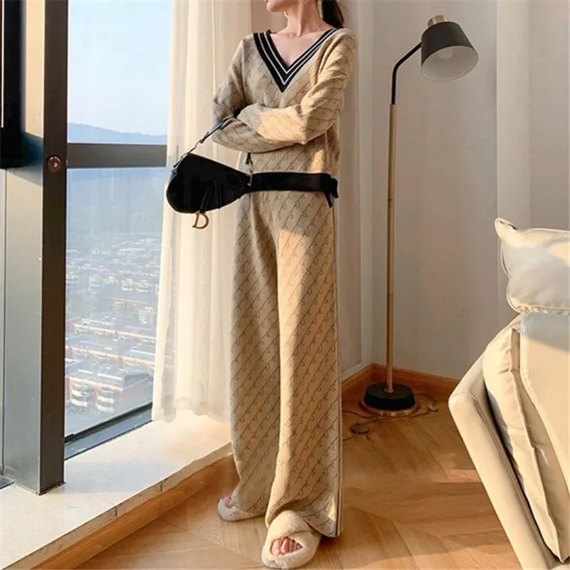Autumn Winter Ladies Trouser Sweater Knitted Baggy Wide Leg Crochet Women\'s Pants Two Piece Set Full Clothes Casual Elegant Xxl