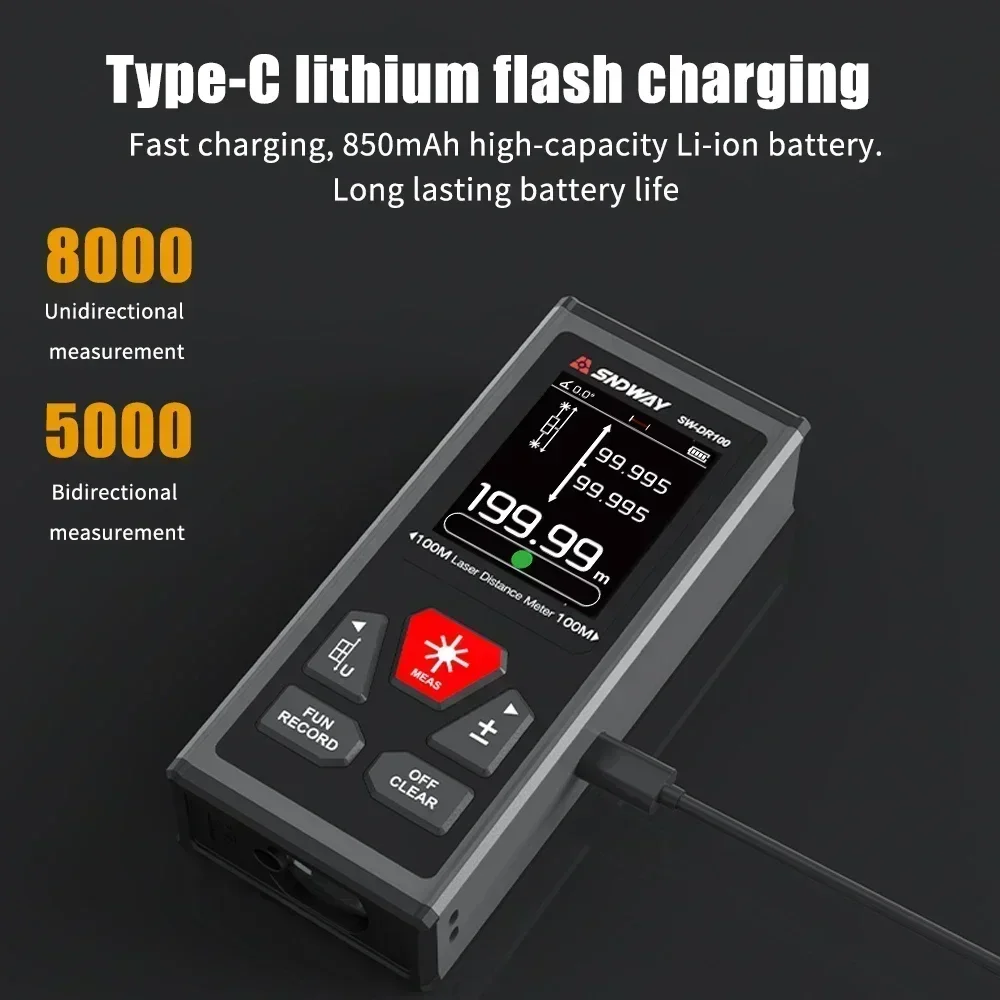 SNDWAY Новый двойной лазерный дальномер 60 м 100 м двусторонний лазерный дальномер с электронным углом, перезаряжаемый, магнетизм, M/in/Ft SNDWAY Новый двойной лазерный дальномер 60 м 100 м двусторонний лазерный дальномер с электронным углом, перезаряжаемый, магнетизм, M/in/Ft