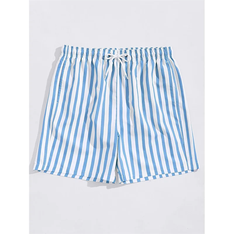 Thin Vertical Stripes Print Beach Short Men's Clothing Summer Daily Vacation Casual Quick Dry Board Shorts Drawstring Loose Pant