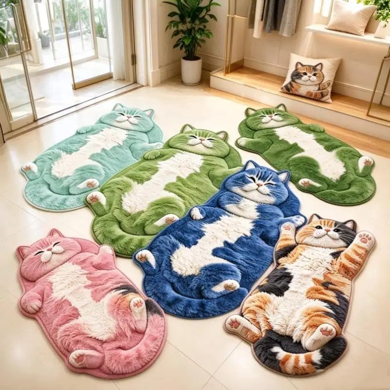 Chubby Lying Tabby Cat Dorm Rug 2D Furry Print Non Slip Soft Absorbent Floor Carpet for Entryway Hallway
