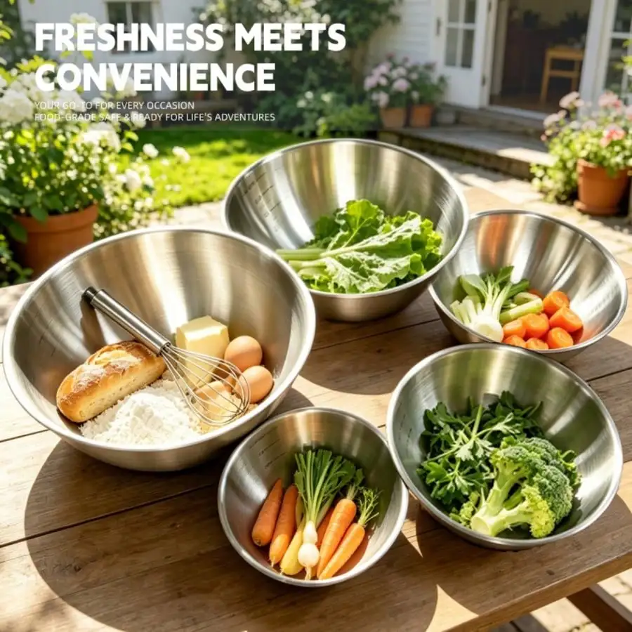 Nesting Stainless Steel Mixing Bowls Set 5 PCS Metal Prep Bowls With Free Whisk Measurement Marks Space Saving Stackable Bowls For Baking Cooking Salad Prep Marinating Housewarming Gift Christmas Gift Holiday Decor